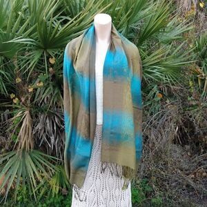 NWOT Gorgeous Teal/Olive Green Fade   Paisley Swirl Floral Scarf Wrap w/ Fringe
